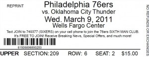 OKC @ PHI NBA ticket 2011.03.09