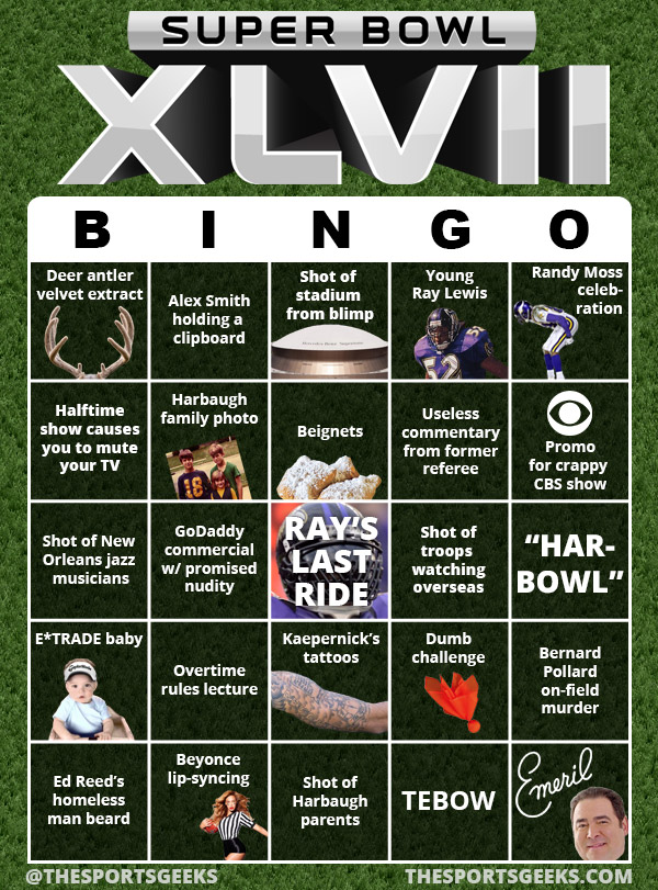 Super Bowl XLVII Bingo (or drinking game) The Sports Geeks